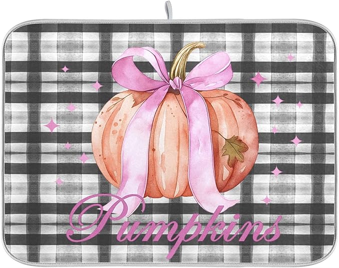 Fall Pumpkin Dish Drying Mat for Kitchen Maple Leaves Black Buffalo Plaid Microfiber Drying Mats Absorbent Reversible Thanksgiving Day Thankful Grateful Blessed Dish Pad Medium Dish Mat 16x18 inch