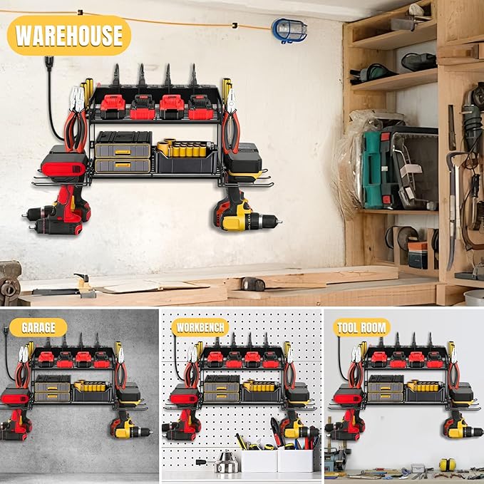 Power Tool Organizer Wall Mount, 2 Layers Heavy Duty 4 Cordless Drill Holder Tool Storage Rack with 8 Power Strip Battery Charging Station,Pliers Screwdrivers Organizer for Garage, Workshop,Tool Room