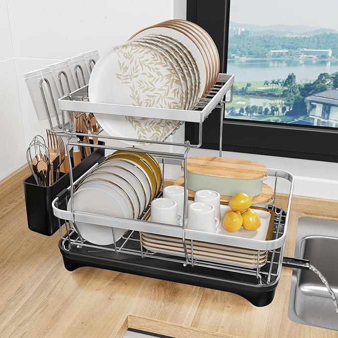 HOMEAILIE 2-Tier Dish Drying Rack for Kitchen Counter, 304 Stainless Steel with Adjustable Drainboard, Removable Utensil Holder & Water Filter Tray, Black