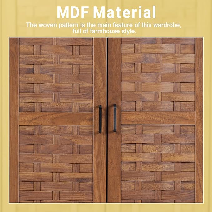 LEVNARY Armoire Wardrobe Closet with 2 Woven Doors, Wardrobe Cabinet with Storage Drawers and Hanging Rail, Freestanding Closets for Bedroom (Walnut)