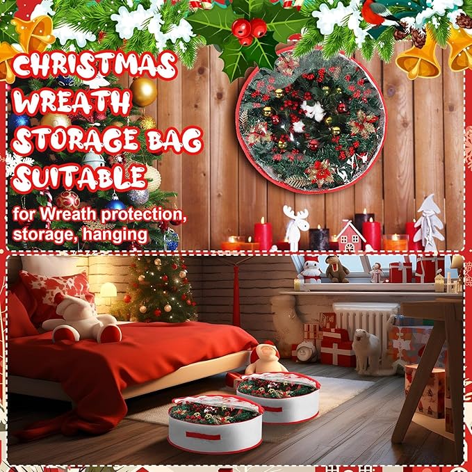 Aliceset 4 Pack Wreath Storage Containers, Christmas Ornament Garland Wreath Storage Bags with Handle Dual Zipper Large Decorative Storages Box for Winter Wreaths(24 x 24 x 7.8 Inch,White)