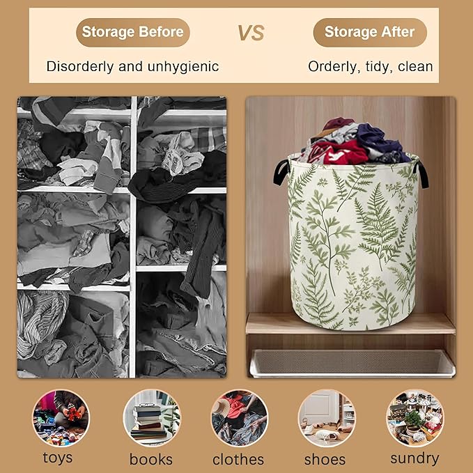 Sage Green Collapsible Laundry Baskets,Eucalyptus Leaves Laundry Hamper,Storage Basket with Handles for Bathroom Bedroom College Dormitory Living Room Nursery Organizer 16"x20"