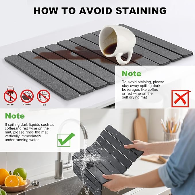 Stone Drying Mat for Kitchen Counter, Quick Diatomaceous Earth Mats for Dishes, 23.6"L x 15.7" W Super Absorbent Fast Drying Collapsible Countertop Stone Mat (Dark Grey, Extra Large)