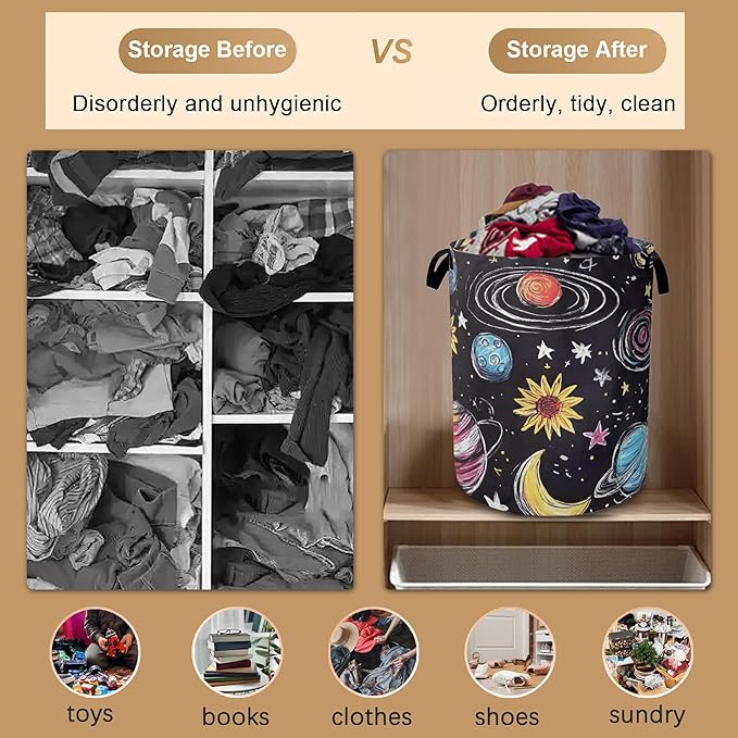 Stars Planets Collapsible Laundry Baskets,Moon Sun Laundry Hamper,Storage Basket with Handles for Bathroom Bedroom College Dormitory Living Room Nursery Organizer 16"x20"