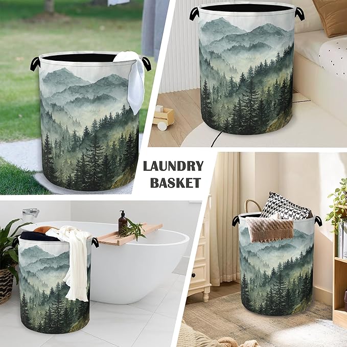 Mountains Forests Laundry Hamper,Dirty Clothes Laundry Basket with Handles Waterproof Oxford Cloth Storage Basket for College Dorms Bathroom Bedroom 16" x 20.8"