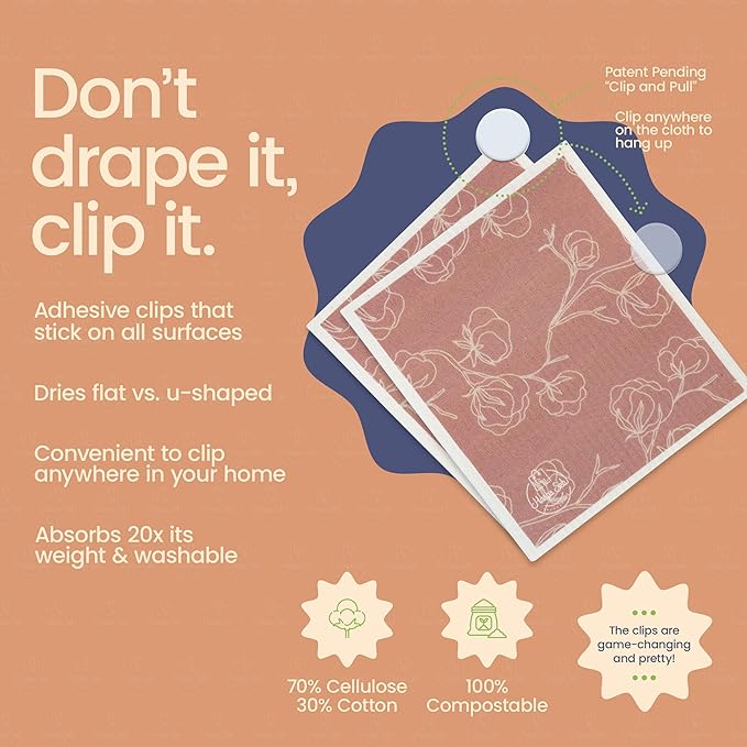 Harps&Seb Swedish Dishcloths for Kitchen Dishcloths - 6 Pack, Reusable Paper Towels with Clips, Super Absorbent Washable Non-Scratch Swedish Dish Towels, No Odor, Biodegradable