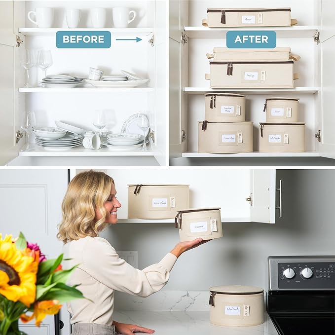 China Storage Hard Shell Containers 8-Piece Set Moving Boxes for Dinnerware, Glasses, Plates, Mugs and Saucers Sturdy Dish Organizer with Dividers for Seasonal Storage - Service for 12 - Beige