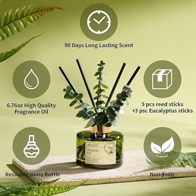 Airkeep Reed Diffuser Set with 6.76 fl oz Balsam Fir Scent Essential Oils and 3 Leaves & 8 Diffuser Sticks,Bathroom Shelf Decor & Air Freshener, House Bedroom Office Decor & Gifts