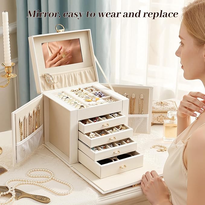 EnHomee Jewelry Box for Women, 5-Layer Large Jewelry Organizer with Mirror & 4 Drawers for Rings, Earrings, Necklaces, Bracelet Lockable Case with Lock (White + Gold)