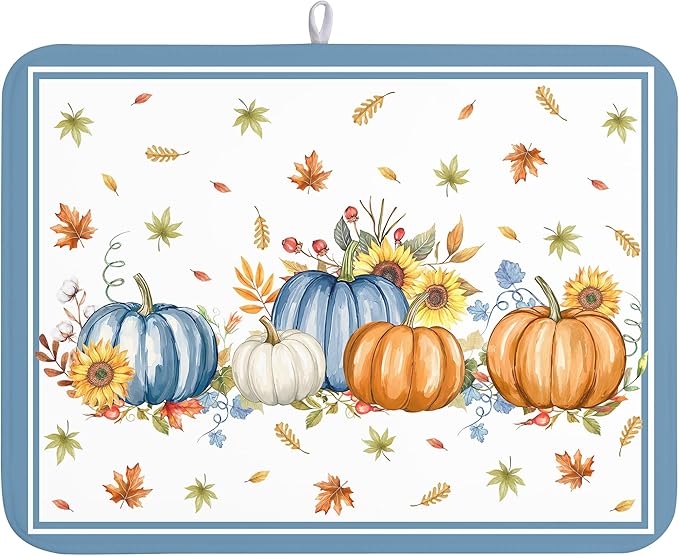 Fall Pumpkin Dish Drying Mat for Kitchen Counter 18×24 Inch Blue Dishes Pad Washable Thanksgiving Dish Rack Pad Drainer Mat Autumn Absorbent Reversible Microfiber Dish Drying Pad for Coffee Bar