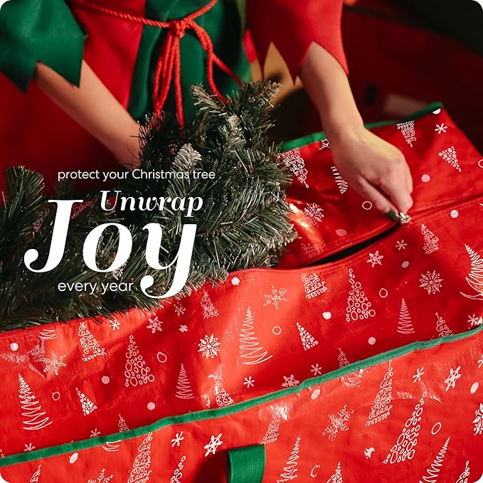 Christmas Tree Storage Bag - Stores 9 Foot Artificial Xmas Holiday Tree, Durable Waterproof Material, Zippered Bag, Carry Handles - Protects Against Dust, Insects and Moisture (Red Printed)