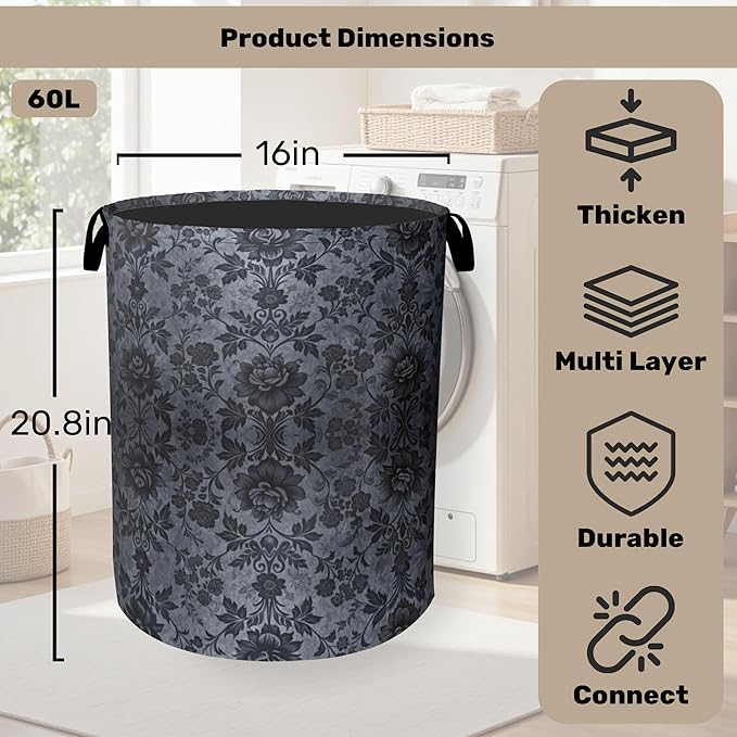 Black Damask Flower Laundry Basket - Large Laundry Hamper with Handles, Space Saving Foldable Design for Nursery