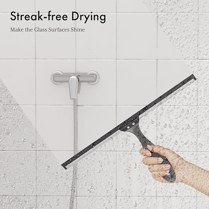 AmazerBath Shower Squeegee for Glass Doors, All-Purpose Squeegee with Suction Hook & Adhesive Hook, Squeegee for Shower Glass, Windows, Mirrors, Tiles and Car Windows - 12 Inches, Clear Black