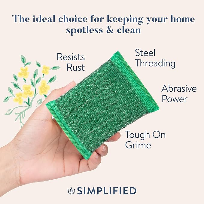Simplified 6-Pack Steel Scouring Sponges with Rust Resistant Stainless Steel Threading for Home and Kitchen Cleaning Supplies, Heavy Duty Cleaning Sponge for Kitchen & Bathroom, Multicolor