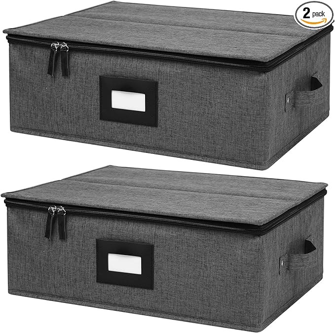 Mayniu Cup and Mug Storage Box 2Pack, China Storage Containers for 12 Tea Cups or Coffee Mugs with Zipper Lid and Rivet Reinforced Handles, Hard Shell and Stackable (Black)
