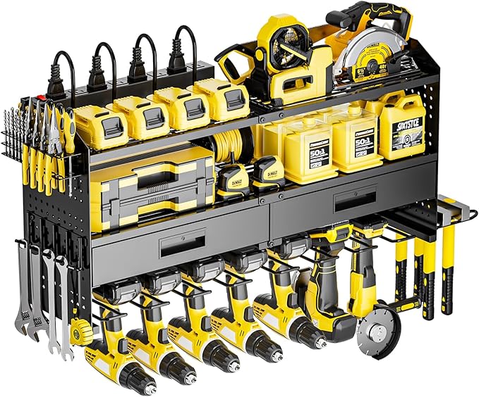 SEENWUUN Power Tool Organizer Wall Mount with Charging Station, 4 Layers Storage Rack with 9 Drill Holders & Battery Storage, Cordless Tool Organizer with 2 Drawers for Garage, Workshop & Tool Room