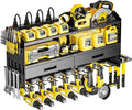 SEENWUUN Power Tool Organizer Wall Mount with Charging Station, 4 Layers Storage Rack with 9 Drill Holders & Battery Storage, Cordless Tool Organizer with 2 Drawers for Garage, Workshop & Tool Room