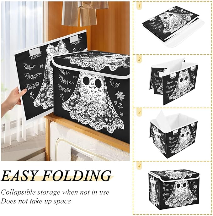 Bolaz Storage Bins with Lids and Handles,Cartoon Ghost Storage Box Basket with Cover Collapsible Organizer Containers for Home Closet, Shelves