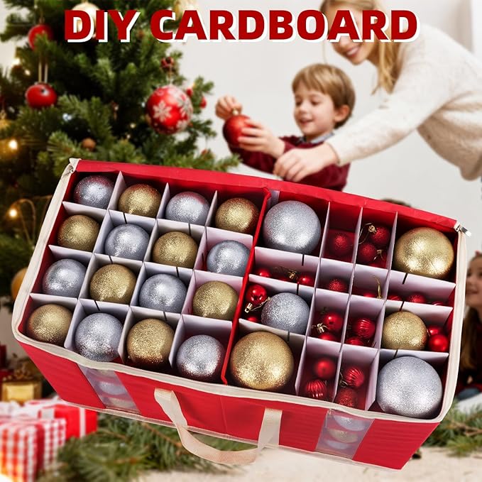 inin Christmas Ornament Storage Box with Adjustable Dividers,Christmas Ornaments Organizer with Zipper,Storage Container Bin with Side Pockets for Holiday Decorations(128 Ball, Red, without Tray)
