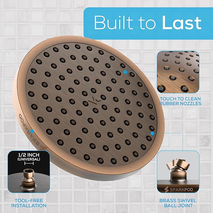 SparkPod Shower Head - High Pressure Rain - Premium Quality Luxury Design - 1-Min Install - Easy Clean Adjustable Replacement for Your Bathroom Shower Heads (Vintage Oil Rubbed Bronze, 8 Inch Round)