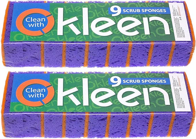 Okleen Purple and Orange Multi Use Scrub Sponges. Made in Europe. 18 Pack, 4.3x2.8x1.4 inches. Heavy Duty & Non Scratch Fiber. Odorless, Durable, Delicate, Rinse Clean Violet Scrubber