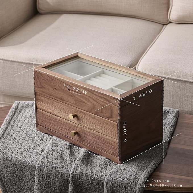 Beexchange Black Walnut Wooden Jewelry Box - Allwood, Handcrafted, Glass Lid 2 drawer. Gift for Women, Men, and Girls. large Jewelry Organizer Storage.(Triple-Layer)
