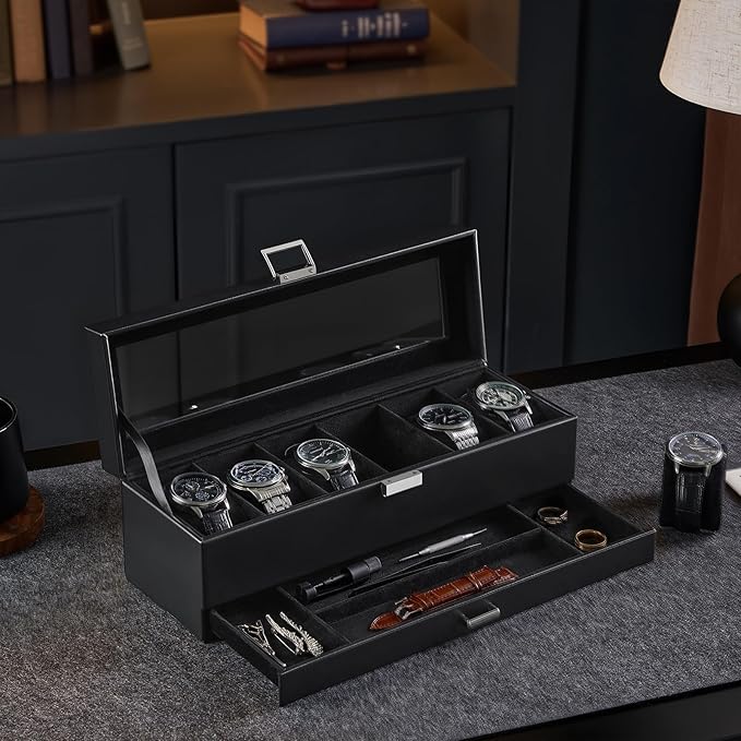ProCase Watch Case, 6 Slot Mens Watch Box Holder Organizer with Glass Lid, 2-Layer Watches Display Case, Mens Jewelry Box with Drawer, Birthday Valentine Gifts for Men Women -6 Slot, Black