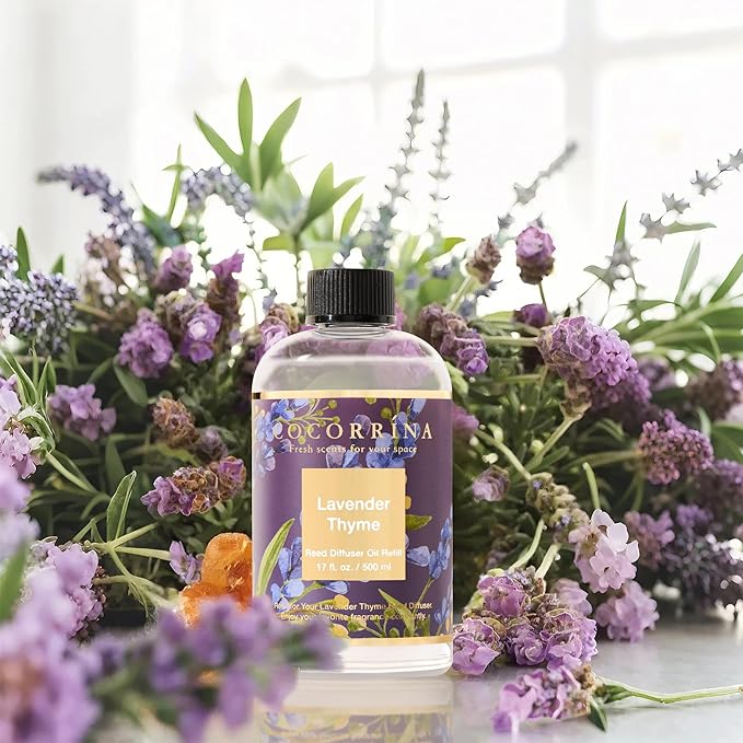 Cocorrína Reed Diffuser Refill Lavender Thyme 17oz (500ml) with 8 Rattan Sticks - Premium Long-Lasting Scented Oil, Home Fragrance for Bedroom, Bathroom Home Decor