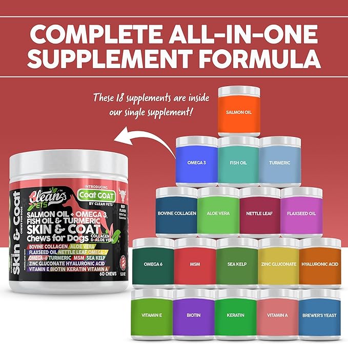 Salmon Oil Omega 3 Fish Oil for Dogs Skin and Coat Supplement | Dog Collagen Aloe Vera Biotin Keratin Flaxseed Nettle Leaf Sea Kelp Hyaluronic Acid Brewers Yeast Vitamin A - Coat Goat
