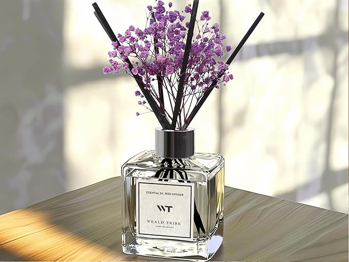 WEALD TRIBE Reed Diffuser Set Pure Cotton Scent for Bathroom Air Fresheners with Real Flower, Oil Diffuser Stick | 5.1 fl oz Home Fragrance with Sticks Defusers | House Bedroom Office Shelf Decor