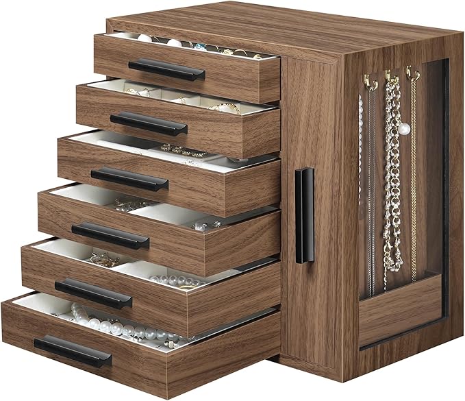 HOOBRO Jewelry Box for Women, Jewelry Organizer Box, 6-Tier Wooden Jewelry Box, Jewelry Case with Side Transparent Window, Creative Gift, for Earring, Necklace, Bracelet, Walnut and Black BH12JB04