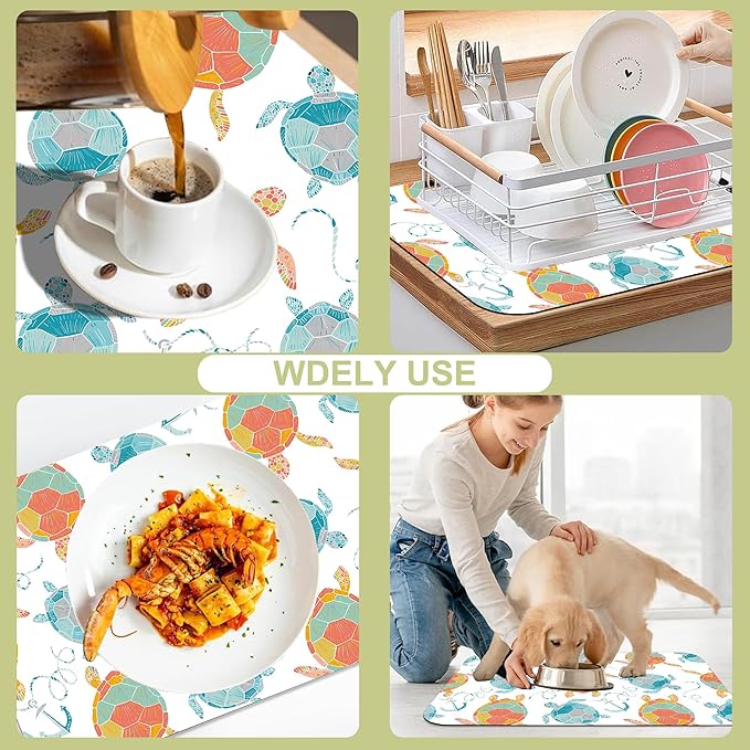 Colorful Sea Turtles Kitchen Mat Anchor Dish Drying Mat 12"x19" Bsorbent Coffee Maker Mat for Sink Dishes or Under Rack Kitchen Counter Accessories Absorbent Hide Stain Rubber Backed Dish Drying Pad