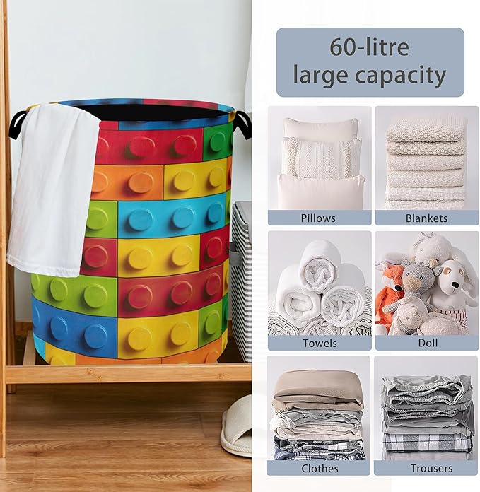Colorful Building Blocks Laundry Hamper,Dirty Clothes Laundry Basket with Handles Waterproof Oxford Cloth Storage Basket for College Dorms Bathroom Bedroom 16" x 20.8"