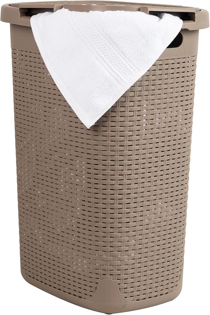 Mind Reader Slim Laundry Hamper with Lid, 60L Clothes Basket, Premium Wicker Design, Plastic, Tan