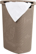 Mind Reader Slim Laundry Hamper with Lid, 60L Clothes Basket, Premium Wicker Design, Plastic, Tan