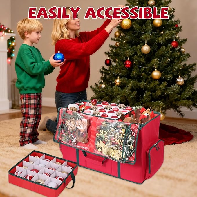 2-in-1 Christmas Ornament Storage Box & Xmas Figurine Container with Dual Zipper Closure Adjustable Dividers and Removable Trays Premium Christmas Ornament Storage Container, Red