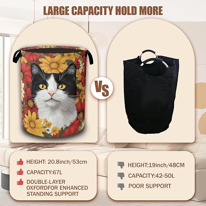 Black White Cat Laundry Basket,Red White Daisies Collapsible Laundry Hamper Waterproof Oxford Cloth With Handles,Clothes Storage Bucket Toy Organizer For Bathroom/Nursery/Bedroom 16" x 20.8"