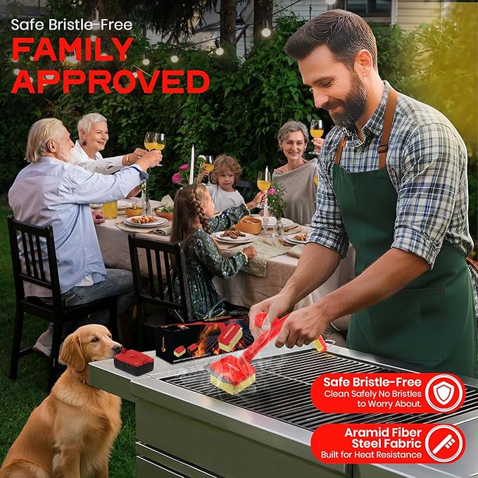 Grill Brush Bristle Free for Outdoor Grill + 2 Replaceable Heads Safe Grill Cleaner – Ultimate BBQ Brush fit Dual Handle/Comfort/Heat Resistant, Grill Scraper for Cast Iron, Stainless-Steel Grates