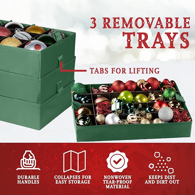 Christmas Ornament Storage Container,Box Stores Up to 54-4", Adjustable Dividers, Large Organizer Bin to Protect and Store Holiday Décor - Green