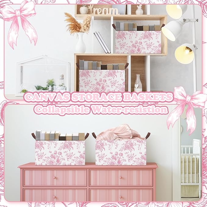Boao 3 Pcs Pink Flower Foldable Storage Baskets Pink Hydrangea Laundry Basket with Handles Waterproof Storage Bins Fabric Shelf Baskets for Organizing Closet Clothes