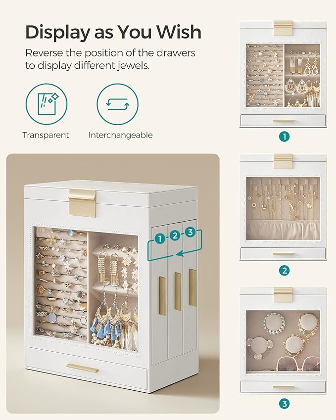 SONGMICS Jewelry Box with Glass Window, 5-Layer Jewelry Organizer with 3 Side Drawers, Jewelry Storage, with Big Mirror, Modern, 6.1 x 10.3 x 12.6 Inches, Cloud White and Metallic Gold UJBC162W01