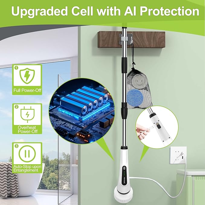 WKY-Electric Spin Scrubber - Upgraded 10-in-1 IPX7 Waterproof Shower Scrubber, Retractable Handle & 2-Speed for Toilet, Bathroom, Bathtub, Tile Floors