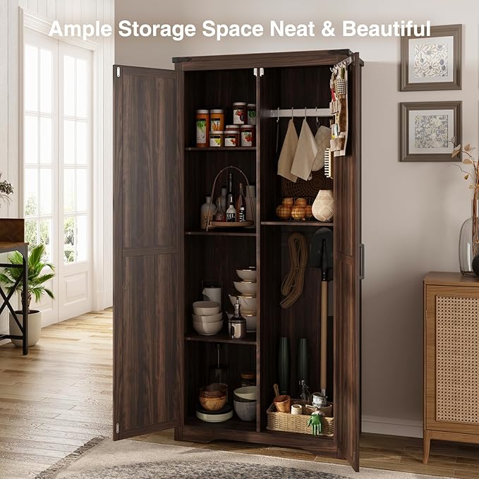 Farmhouse Storage Cabinet with Adjustable Shelves, Large Pantry Organize with 2 Barn Doors, Tall Freestanding Cabinet for Kitchen, Bathroom, Garage, Basement, Living, Utility Room, Rustic Brown
