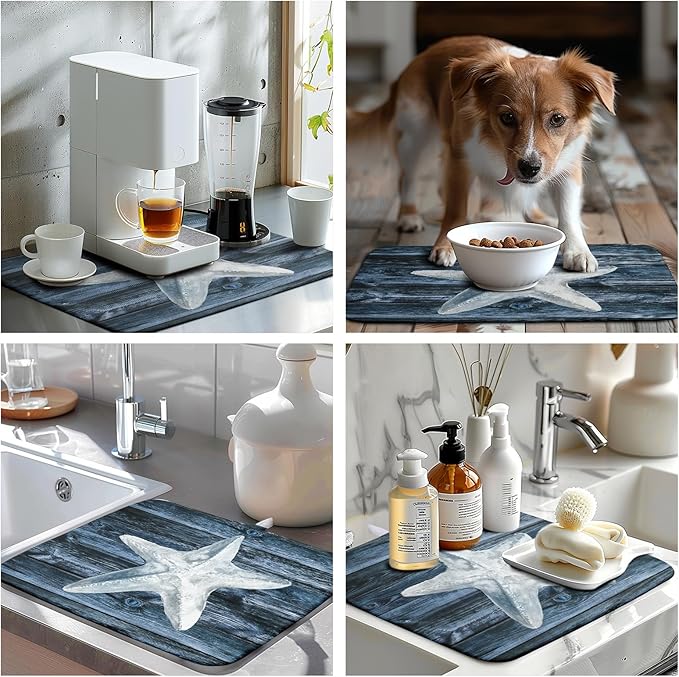 Wnoesat Coastal Starfish Dish Drying Mat Dark Blue Ocean Animal Print Drying Mats Microfiber Reversible Absorbent Dishes Pad Drainer Rack Mats for Kitchen Counter Sink 16x18 Inch