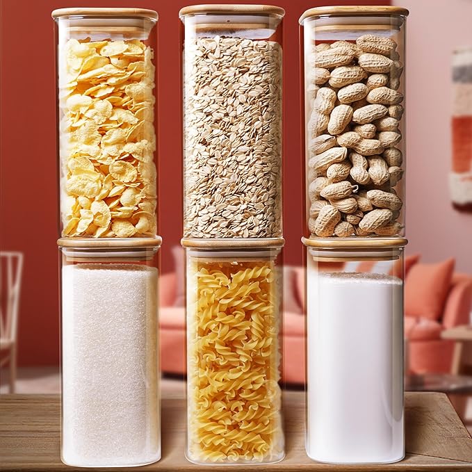HomArtist Square Glass Jars with Bamboo Lids 30 FL OZ [Set of 6], Glass Canisters with Airtight Lid, Glass Food Storage Container for Pasta, Flour, Sugar, Rice, Best for Kitchen & Pantry
