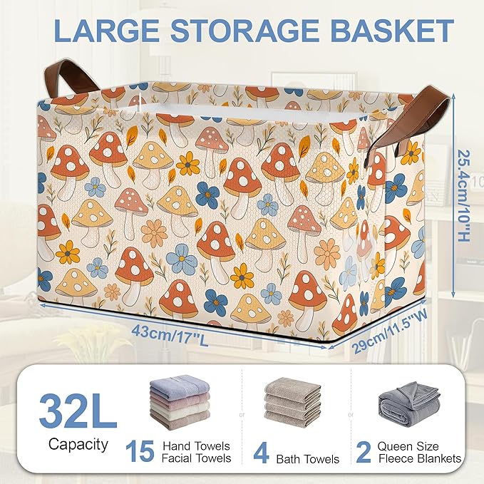 Retro Mushroom Storage Basket with Handles,Flower Collapsible Rectangle Organizer Bin for Room Decoration Books Box Baskets 17x11.5x10Inch