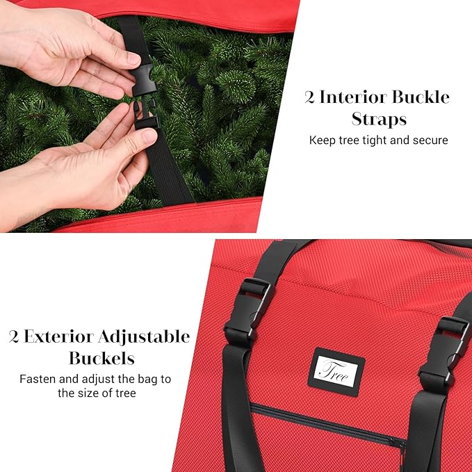 Rolling Christmas Tree Storage Bag for 9 ft Artificial Tree, 600D Waterproof Oxford Fabric, Large Christmas Tree Bag with Dual Zipper, Wheels, Handles, Heavy Duty Xmas Storage Container - Red