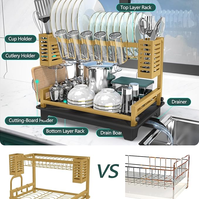 B-Land Dish Drying Rack, 2 Tier Dish Racks for Kitchen Counter, Large Dish Drying Rack with Drainboard & Utensil Holders, Rust-Proof Dish Drainers,Kitchen Organization Gold