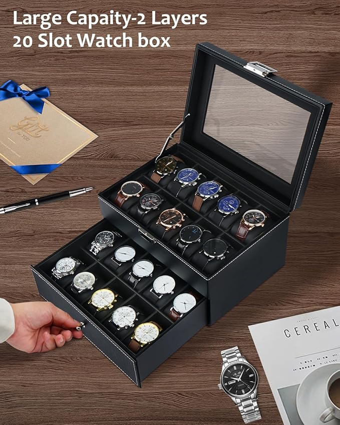 Jenseits Watch Box, 20 Slot Watch Case for Men, 2 Layers Lockable Watch Display Case with Glass Lid, Large Capacity Watch Storage Organizer, Gift for Loved Ones, Luxury Watch Holder (Black)