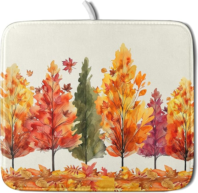 Fall Maple Leaves Dish Drying Mat for Kitchen Counter 18x16 Inch Watercolor Autumn Drying Mat with Absorbent Reversible Microfiber Orange Dish Drainer Mats Rack Pad for Coffee Countertop Protector